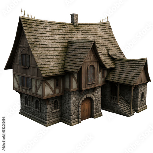Medieval Stone and Timber House with Gabled Roof – Fantasy Architecture Illustration