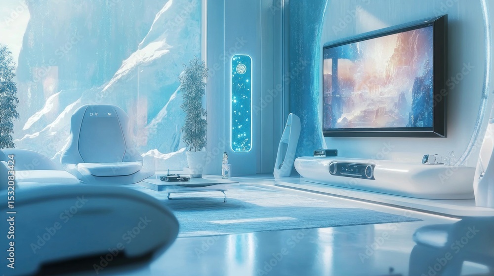 Futuristic living room with panoramic icy mountain views. Modern, spacious interior with sleek white furniture and a large TV. Ambient blue lighting Futuristic living room with panoramic icy mountain views. Modern, spacious interior with sleek white furniture and a large TV. Ambient blue lighting