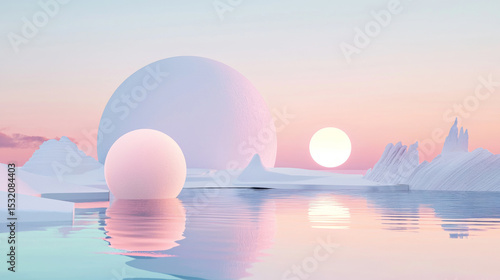 Glossy pastel fashion pink reflective sphere over serene water, smooth icy landscape, soft gradient sky, 3D surreal design, modern minimalism, tranquil nature-inspired scene