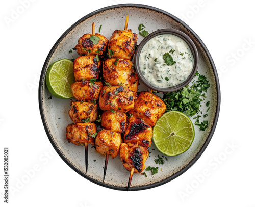 Grilled chicken skewers with lime and cilantro sauce