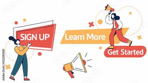 Illustration showing people interacting with sign up, learn more and get started call to actions buttons