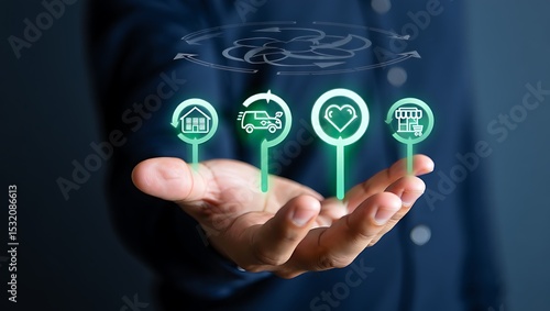 Sustainable Business Solutions Hand Holding Eco Friendly Icons Representing Home Delivery Green Transportation and Ethical Shopping