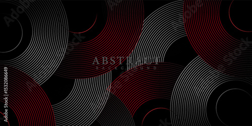 Abstract grey and red circle line vector on dark background. Modern simple overlap circle lines texture creative design. Suit for poster, cover, banner, flyer, brochure, presentation, website