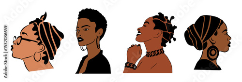 Stylish African American women portraits in profile. Diverse hairstyles, earrings, headwraps. Minimalist Afro beauty design. Vector illustration set isolated on transparent background