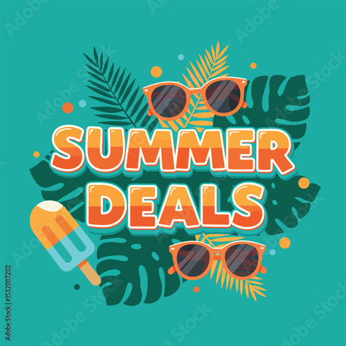 summer deals chunky hand-drawn letters with sunglasses, popsicle and tropical leaves on solid teal background