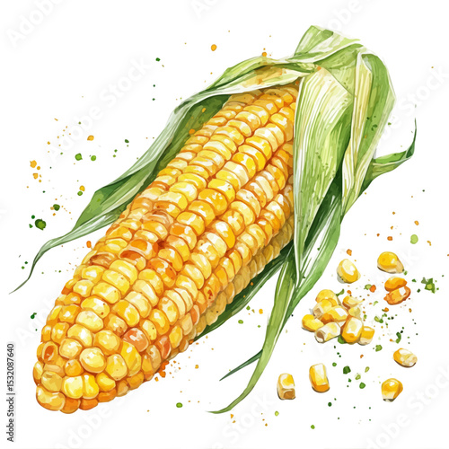 Roasted Corn Cob Spices, watercolor clipart vector, isolated on a white background.