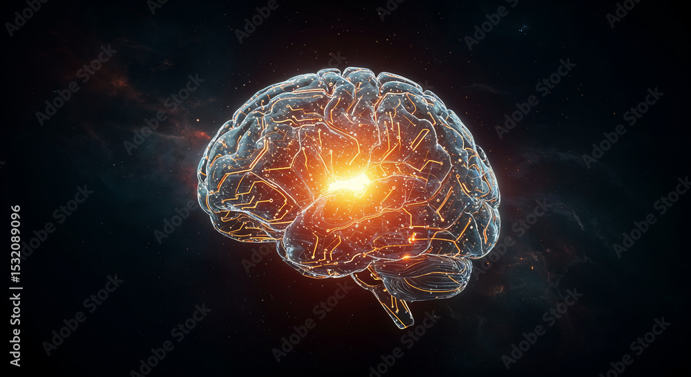 Glowing Digital Brain Representing Artificial Intelligence and Machine Learning. A digitally rendered brain split into symmetrical halves, one glowing orange and the other blue. Glowing Digital Brain Representing Artificial Intelligence and Machine Learning. A digitally rendered brain split into symmetrical halves, one glowing orange and the other blue.