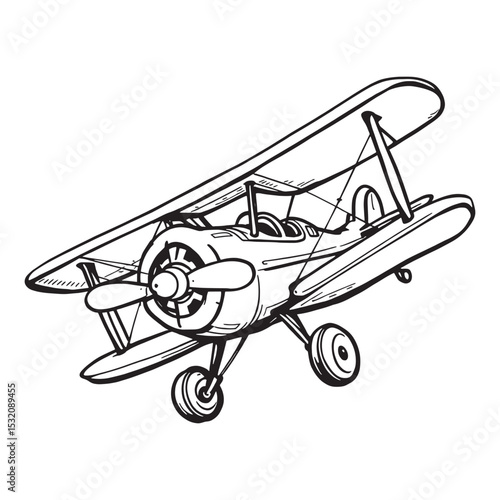 Classic biplane aircraft detailed line art