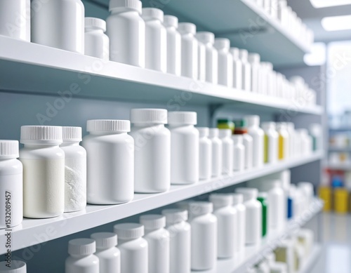 Rows of medicine bottles neatly arranged on long shelves