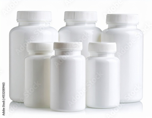 Several white pharmaceutical bottles