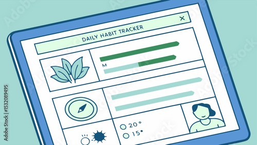 Close up of a tablet displaying a daily habit tracker interface with various icons and progress bars shown