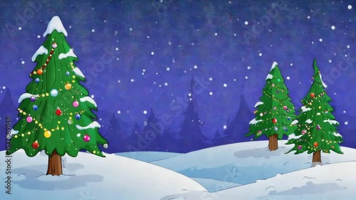 Cheerful cartoon winter landscape with snow and Christmas trees. Suitable for holiday animations, seasonal greetings, or children's content.