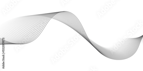 A minimalist, abstract wave design composed of delicate, overlapping black lines that create a subtle gradient and a sense of transparency. The wave flows smoothly across a pure white background.