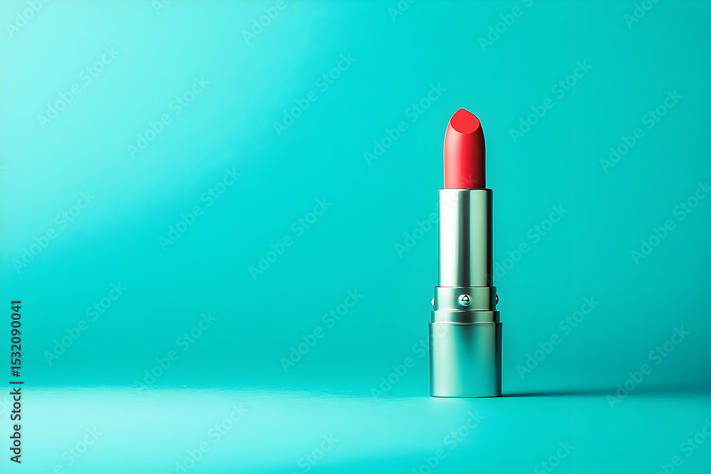 A metallic lipstick tube with a vibrant red shade against a turquoise backdrop. A metallic lipstick tube with a vibrant red shade against a turquoise backdrop.