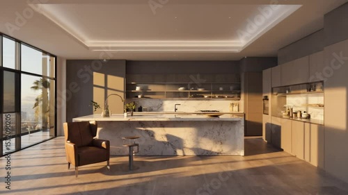 Modern minimalist interior with a cozy fireplace. Ideal for home decor, relaxing lifestyle, or contemporary living themes.