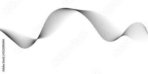 A minimalist, abstract wave design composed of delicate, overlapping black lines that create a subtle gradient and a sense of transparency. The wave flows smoothly across a pure white background.