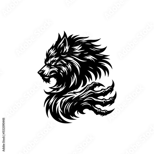 Powerful wolf head silhouette logo with bared teeth and fierce expression enclosed in bold circular vector frame
