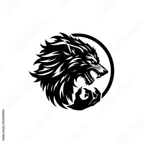 Powerful wolf head silhouette logo with bared teeth and fierce expression enclosed in bold circular vector frame