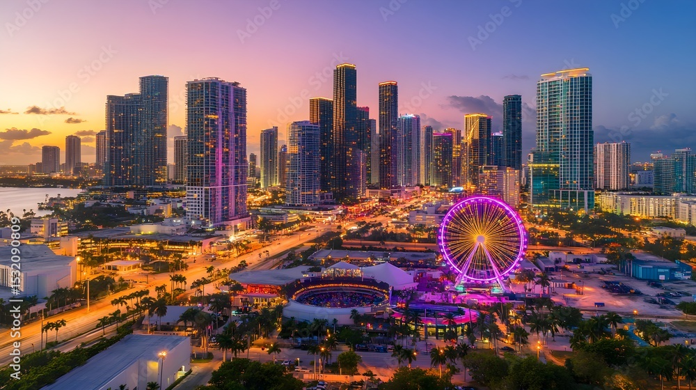 Fototapeta premium Miami skyline sunset ferris wheel cityscape