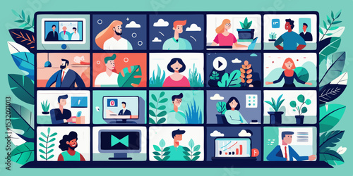 Vector illustration of a diverse set of business people in a digital media office with screens, a communication web, and technology concepts