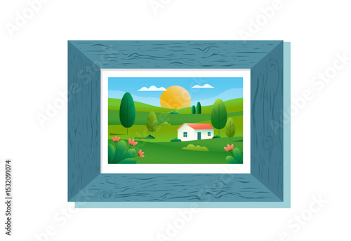 Picture of nature background in wooden frame. Room interior element. Vector illustration of farm and landscape. Gradient banner.