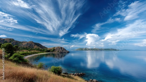Seascape Serenity: A coastal panorama unfolds, showcasing tranquil waters merging seamlessly with the sky, inviting viewers to experience a moment of serenity amidst the endless horizon.