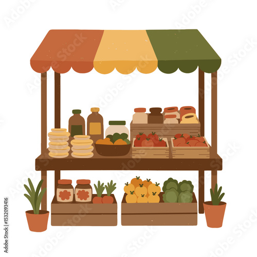Farmers market stand with produce and jars in mosaic style