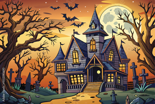 Spooky haunted castle in the dark woods under a Halloween moon with bats and creepy trees