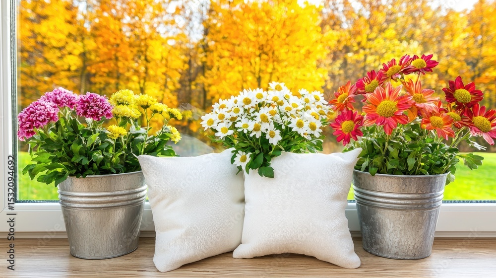 Obraz premium Flower and Pillow on Windowsill