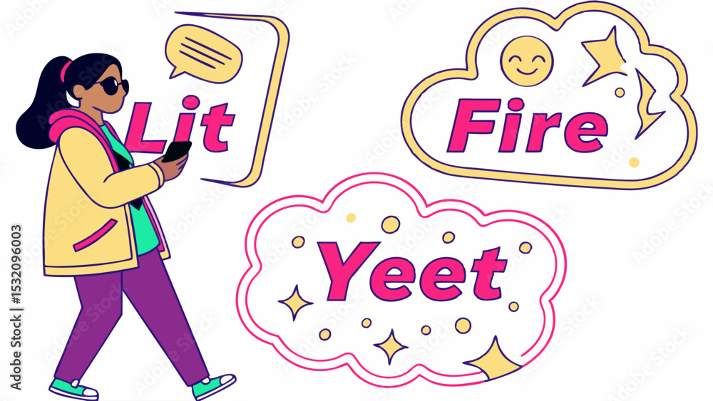 Illustration of a woman using a smartphone with speech bubbles containing slang words and stylized design elements Illustration of a woman using a smartphone with speech bubbles containing slang words and stylized design elements