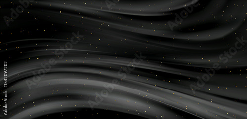 Smooth elegant black satin texture abstract background. Luxurious flowing background design. Vector Drapery Wallpaper BG