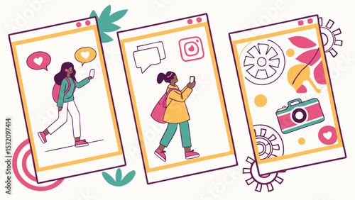 Three tilted frames displaying a woman with a phone, instagram logo, and camera with leaves and shapes