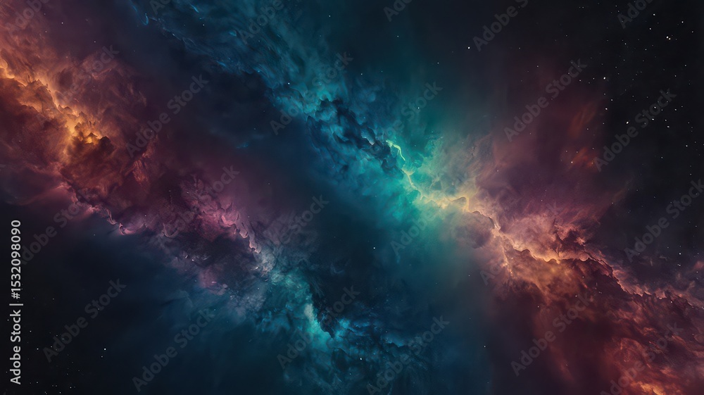 Obraz premium A vibrant nebula with swirling clouds of orange teal and purple against a starry black background