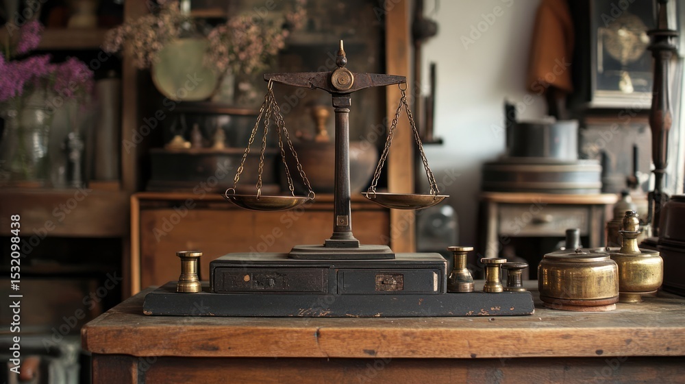 Fototapeta premium Antique Scale on Wooden Table in Vintage Setting