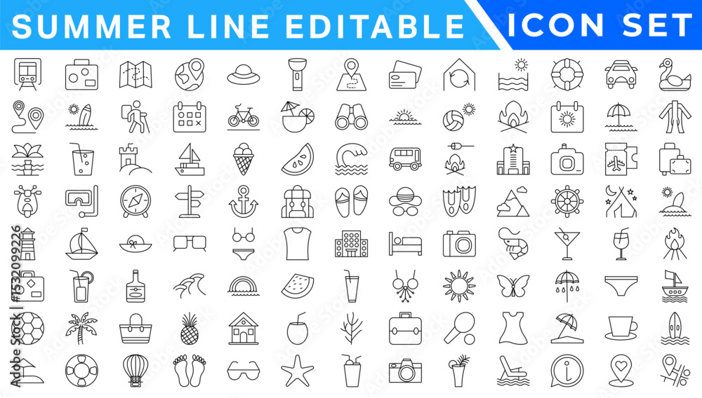 summer line editable icon set. Containing holidays, beach, adventure, travel, summer camp, etc. Editable stroke. Vector illustration summer line editable icon set. Containing holidays, beach, adventure, travel, summer camp, etc. Editable stroke. Vector illustration