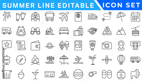 summer line editable icon set. Containing holidays, beach, adventure, travel, summer camp, etc. Editable stroke. Vector illustration