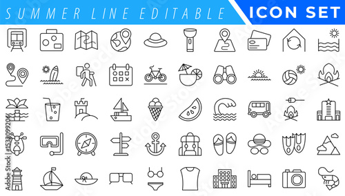 summer line editable icon set. Containing holidays, beach, adventure, travel, summer camp, etc. Editable stroke. Vector illustration