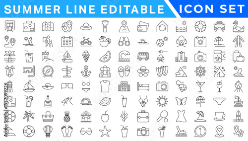 summer line editable icon set. Containing holidays, beach, adventure, travel, summer camp, etc. Editable stroke. Vector illustration