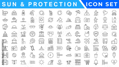 Summer Vacation icon set. Holiday related icons: travel, beach, surfing, hotel, tourism, landscape, camera, passport, ice cream and more. Editable line icons. Vector illustration.