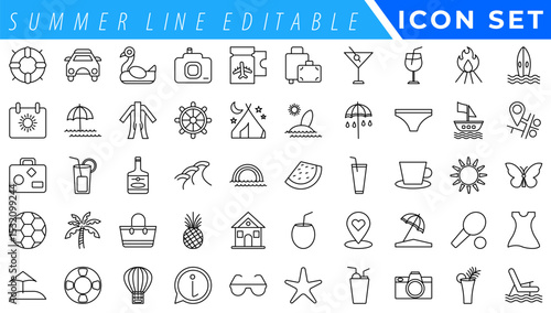 summer line editable icon set. Containing holidays, beach, adventure, travel, summer camp, etc. Editable stroke. Vector illustration