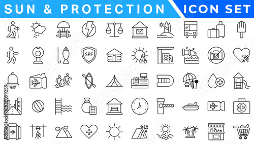 Summer Vacation icon set. Holiday related icons: travel, beach, surfing, hotel, tourism, landscape, camera, passport, ice cream and more. Editable line icons. Vector illustration.