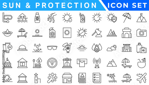 Summer Vacation icon set. Holiday related icons: travel, beach, surfing, hotel, tourism, landscape, camera, passport, ice cream and more. Editable line icons. Vector illustration.