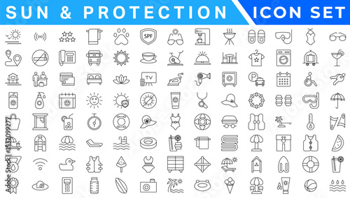 Summer Vacation icon set. Holiday related icons: travel, beach, surfing, hotel, tourism, landscape, camera, passport, ice cream and more. Editable line icons. Vector illustration.