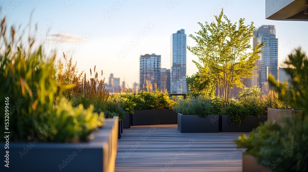 Obraz premium Rooftop Urban Garden: Modern Cityscape View