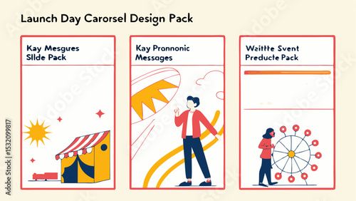 Three carousel design pack slides featuring a carnival tent, a person, and a ferris wheel illustration