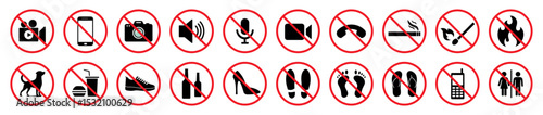 Flat vector icon set with 20 prohibition signs in red circles. Restricted items like camera, phone, loud sound, fire, food, pets, smoking, footwear, and more. Isolated on white background.