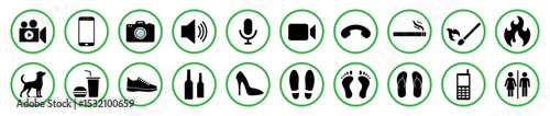 Flat vector icon set of 20 permitted actions with green circle borders. Allowed symbols for camera, mobile, fire, smoking, food, pets, sound, footwear, and communication. Isolated Vector illustration.