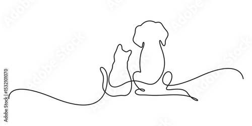 Dog and cat in on continuous line drawing. Line art Dog and Cat silhouette. Hand drawn vector illustration