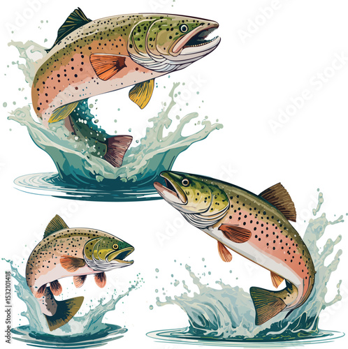 Rainbow trout, leaping brook trout. Set of 3 illustrations.