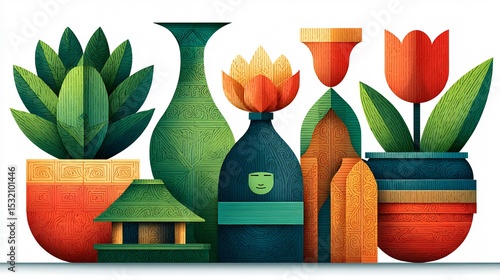 Wallpaper Mural Floral Arrangement Aesthetic Export cultural unity vase bloom motif icons international dcor trend artistry motif vector illustration Torontodigital.ca